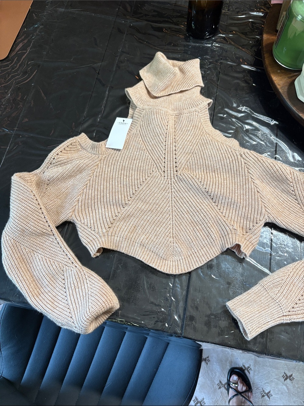 Cropped Beige Cold-Shoulder Turtleneck Sweater Top